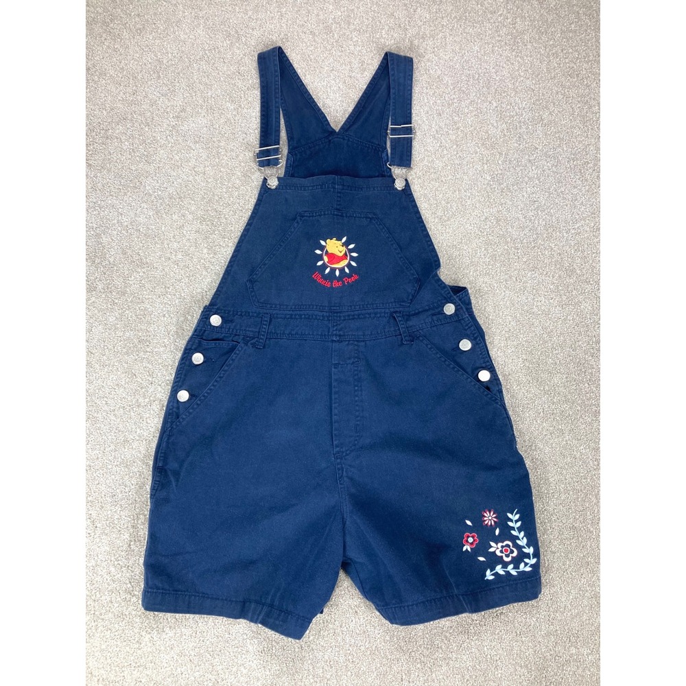 Disney Winnie the Pooh Vintage Embroidered Short Overalls Women M Navy Nostalgia